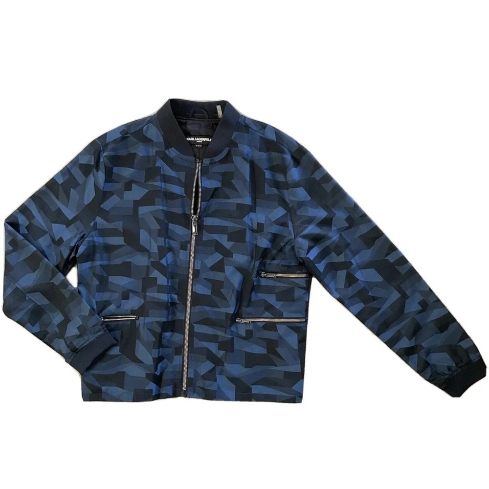NEW men's KARL LAGERFELD Blue Geometric Print Bomber Jacket  XL